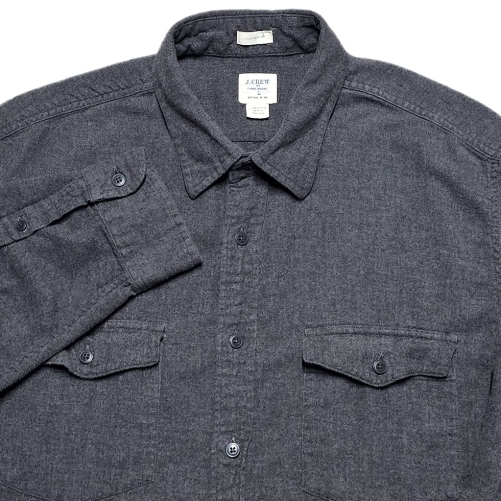 VTG J Crew Double Pocket Flannel Shirt Mens L Cotton Midweight Gray Tailored Fit